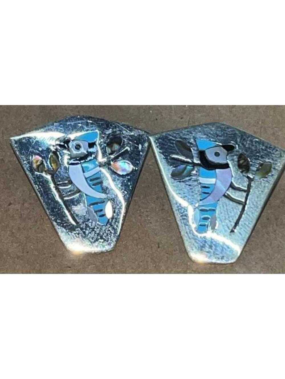 Zuni sterling silver inlay traditional turquoise blue jay inlay earrings